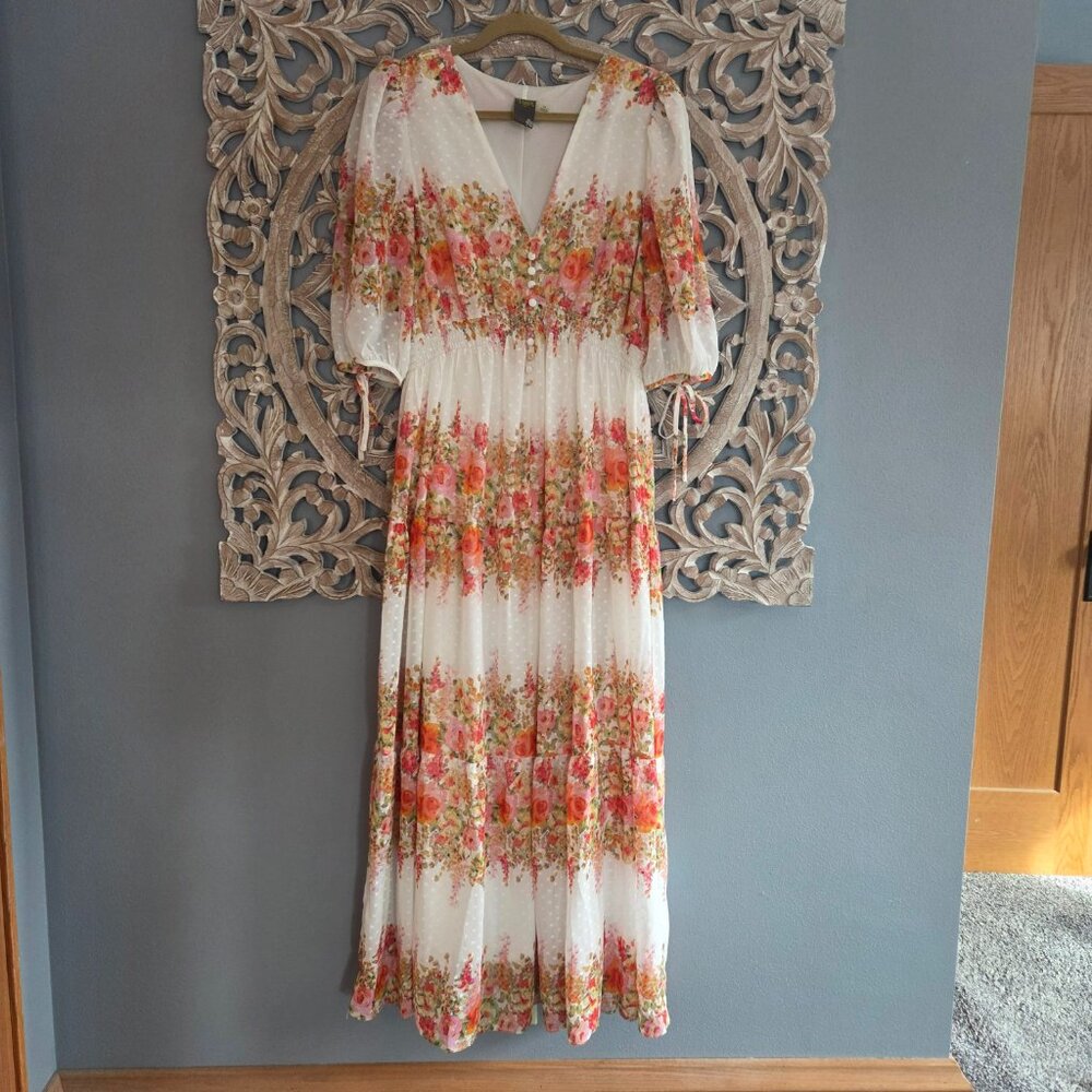 Taylor White Floral Maxi Dress with Pink and Green Accents